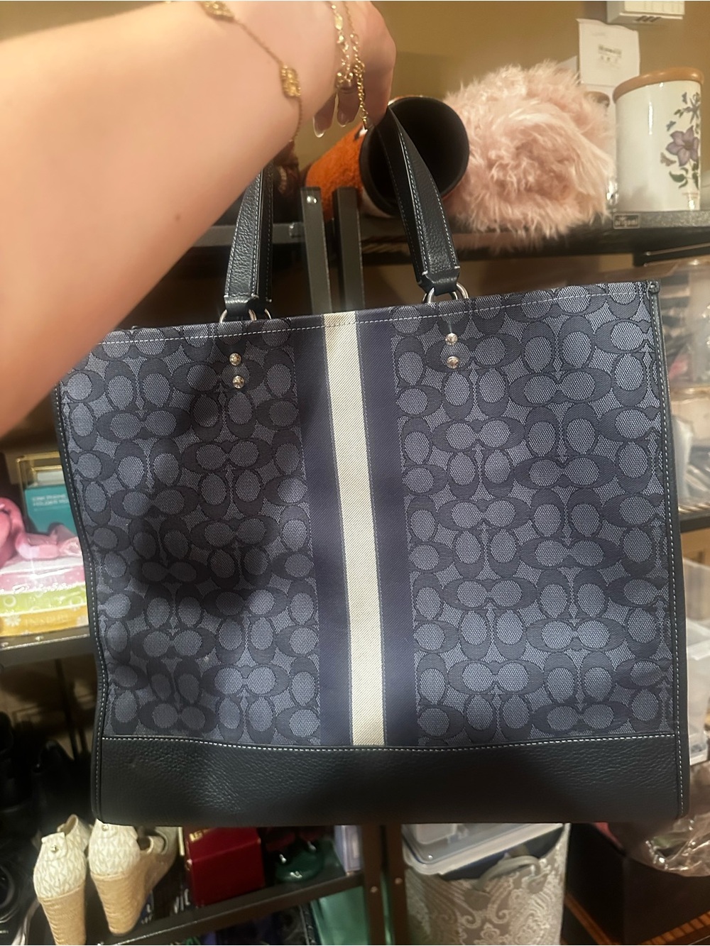 Coach Navy Signature Jacquard Tote Bag with Leather Trim & Center Stripe - Picture 8 of 11